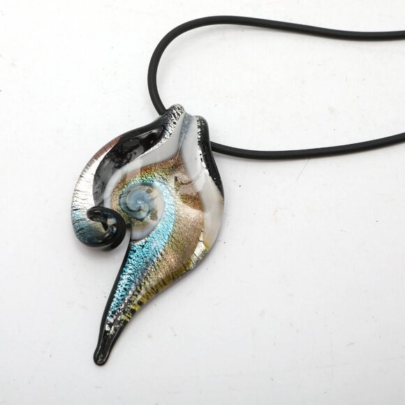 Art Glass Swirl Drop Pendant Necklace Murano Style Italy Gold Blue Black White - Picture 8 of 10